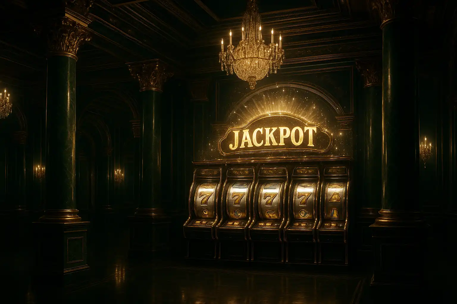 JossCasino luxurious casino hall with emerald and gold decor